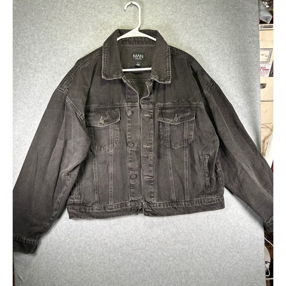 BoohooMAN Denim Jacket Mens L Fits Short Boxy Black Wash Streetwear Trucker
